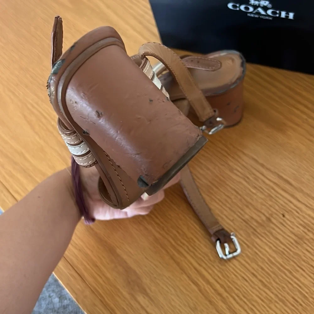 Coach Princeton Leather Strappy Slingback Sandal Tan Brown Stripe Block Heel